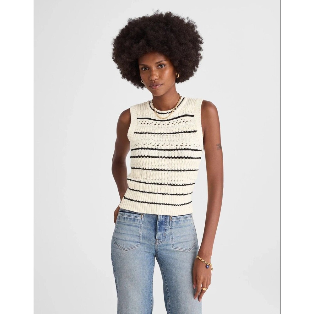 MADEWELL Striped Sweater Vest XXS Ivory Jet Black Mini Stripe Cotton NWT B30